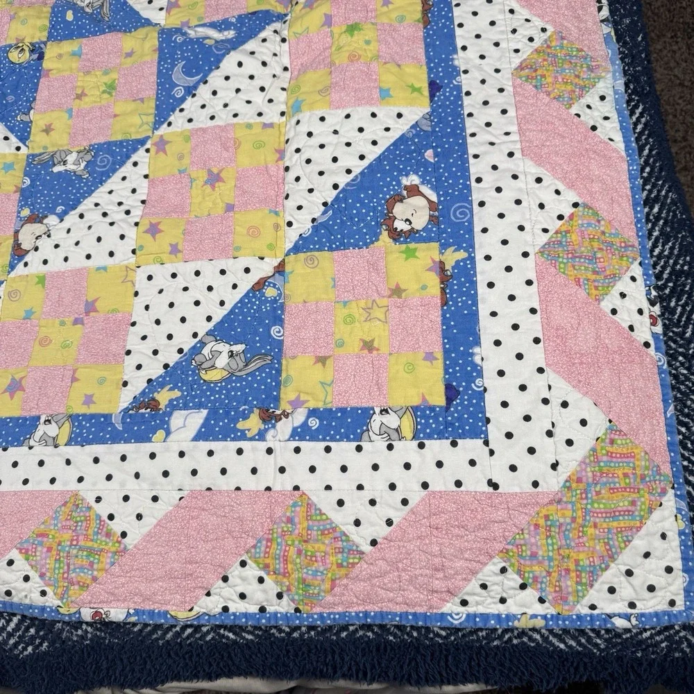 Handmade Baby Kid's Quilt Crib Blanket Yellow Looney Tunes Taz Tweety Bugs Bunny